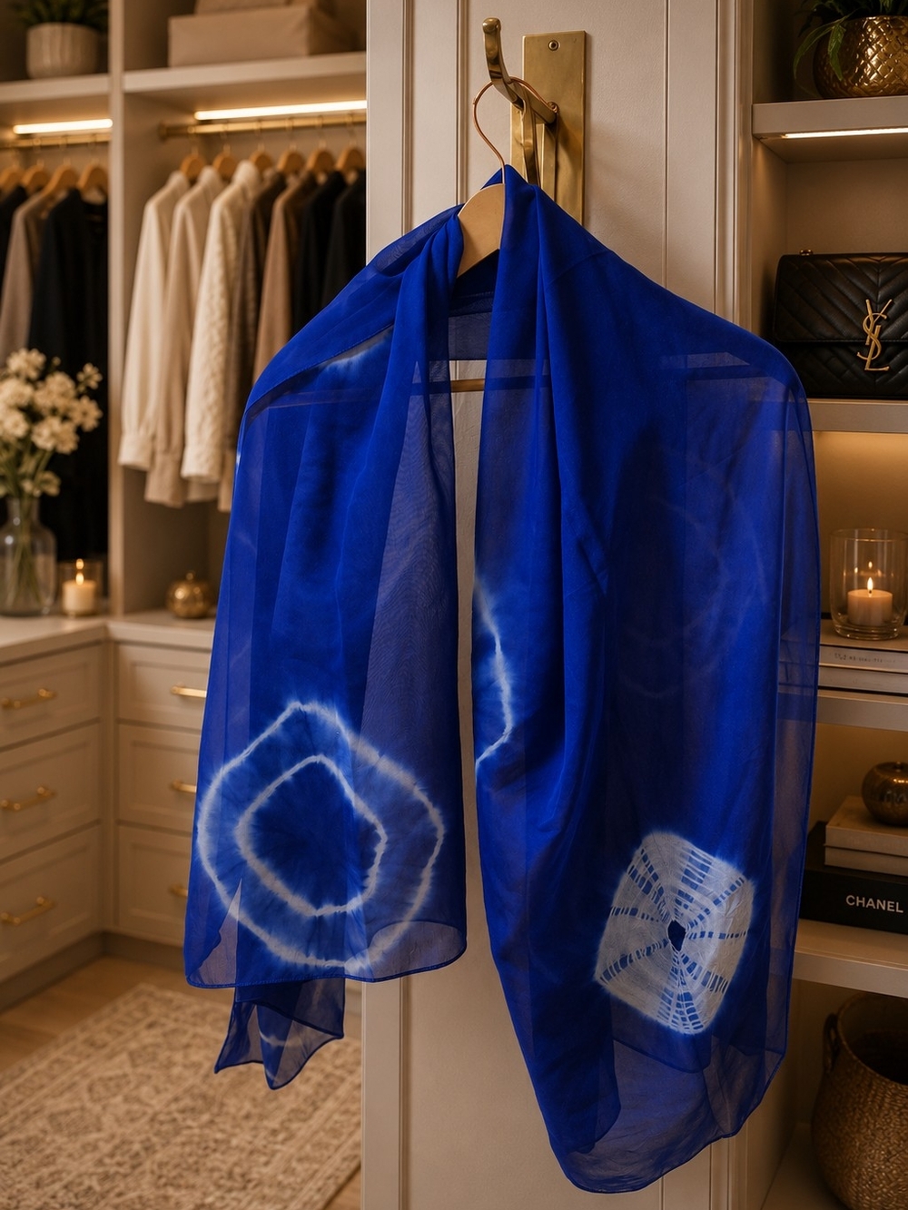 Royal Blue Sheer Scarf with Tie-Dye Accents